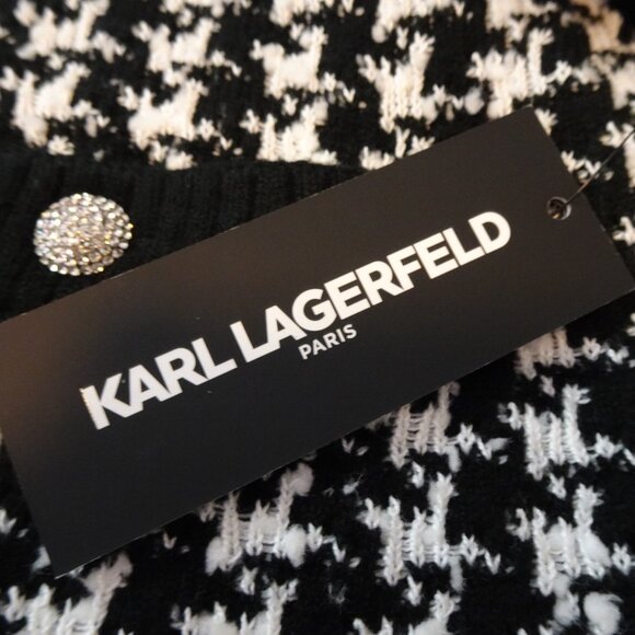 Karl Lagerfeld Cardigan Women's Size XL Black White Herringbone Cropped Classic - Picture 10 of 13